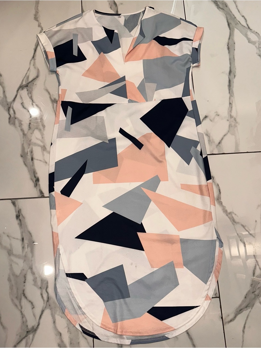 Amazon Geometric Midi Dress in Peach, Gray & Navy